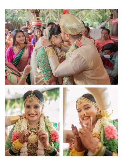A collage of the couple's happy and emotional moments from their wedding day, including a sweet kiss on the cheek.