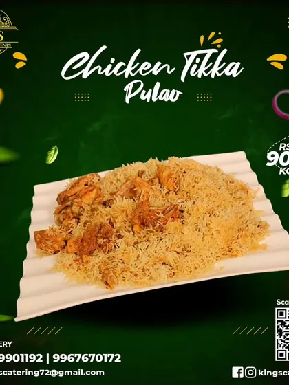 Our Chicken Tikka Pulao is a complete meal in itself. This poster shows the dish available for order by the kilogram for your events.