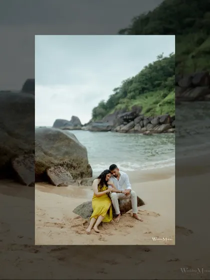 An artistic portrait of the couple sitting on a rock in Goa. The framing and composition give this image a quiet, contemplative feel, like a stolen moment of peace.