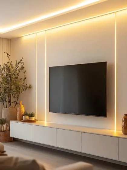 In this minimalist design, we used clean lines of light to create a dramatic effect. The vertical light strips integrated into the wall paneling and the cove lighting along the ceiling add warmth and architectural interest.