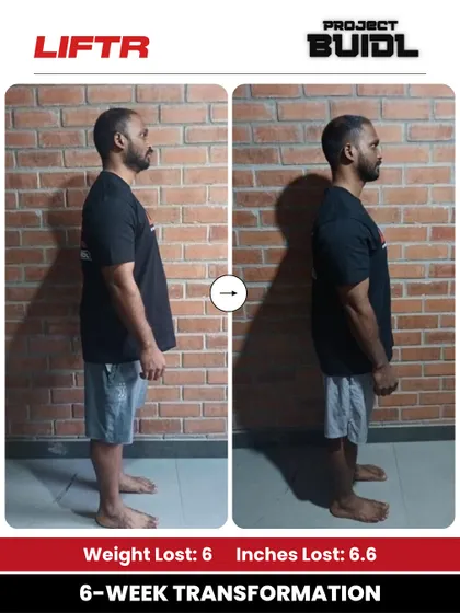 Sri Nidhi's side profile shows a 6 kg weight loss and 6.6-inch drop, a result of our structured program and regular nutrition check-ins.