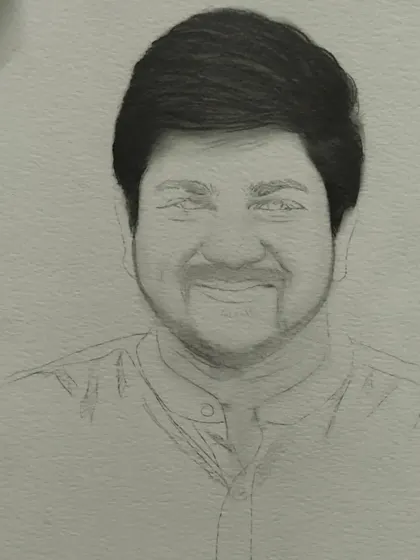 A progress shot of the man's portrait, with the face and hair shaded but the clothing still left as an outline.