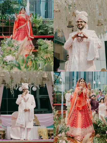 A collection of moments showing the bride and groom's individual entries and interactions during their outdoor wedding ceremony.