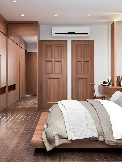 A warm and classic bedroom design dominated by rich wood tones. The full-wall wardrobe provides extensive storage, while the matching bed frame and doors create a cohesive and timelessly elegant look.