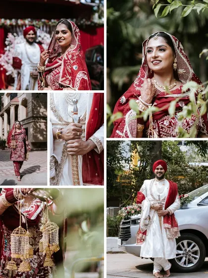 A collage celebrating a 'Two States' wedding, showcasing the Sikh bride's gorgeous red salwar suit and the groom's elegant sherwani.