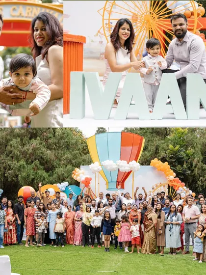 A collage capturing the happy moments and smiling faces at a carnival-themed first birthday party, from family portraits to a group shot of all the guests.