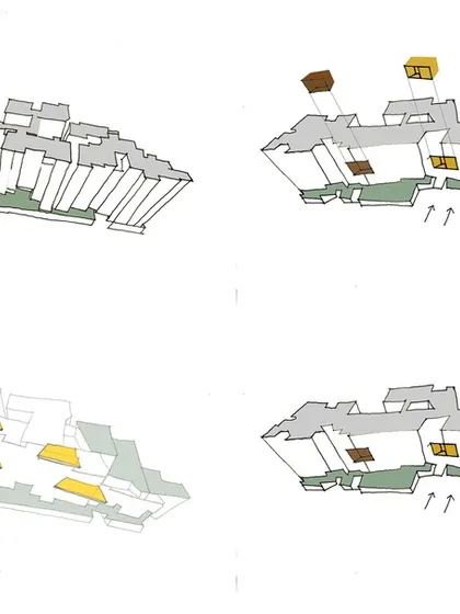 These diagrams show the evolution of the building's form, highlighting the integration of green spaces, skylights, and natural ventilation paths.