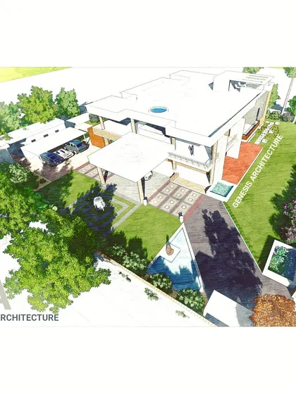 A colored architectural render of a contemporary villa, showing how the proposed landscape design integrates with the building. This helps you visualize the final outcome, including the scale of the lawns and the placement of trees.