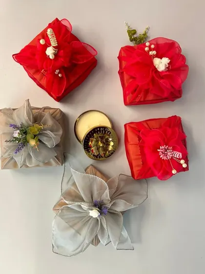 These are just some of the gorgeous, fabric-wrapped gifts created by participants in one of my recent workshops. Everyone gets to take home what they make, and I love seeing the unique touch each person brings to their work.