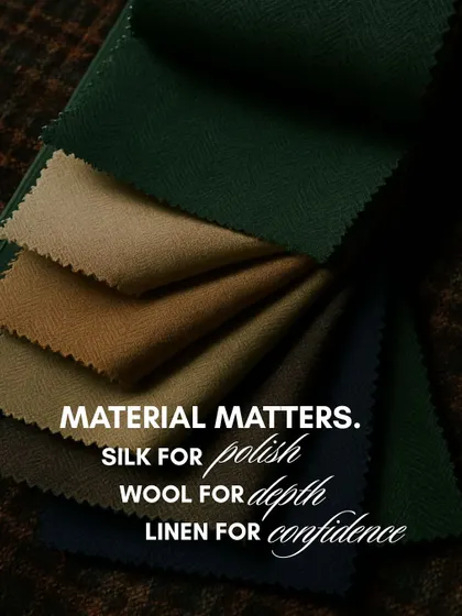 Material matters. Silk for polish, wool for depth, linen for confidence. This image of fabric swatches highlights our belief that the soul of a garment lies in the quality of its materials.