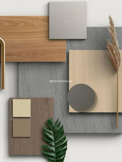 This mood board is inspired by a sophisticated, natural palette. It combines different wood tones, grey stone, metallic accents, and a touch of green to create a look that is modern, warm, and timeless.