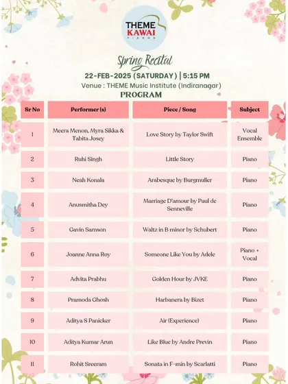 The program for our Spring Recital, featuring a mix of vocal ensembles, piano solos, and duets. Our recitals showcase a wide variety of musical talents and genres.