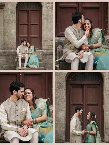 A collection of four intimate moments, from a tender kiss on the forehead to quiet smiles, all set against the warm tones of heritage stone and wood.