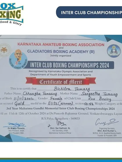 The official certificate of merit for our gold medal winner at the Inter Club Boxing Championships 2024.