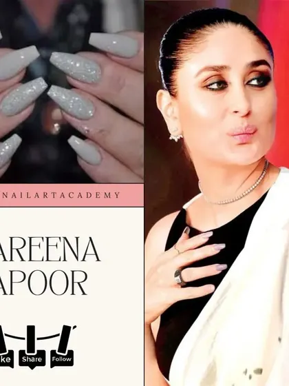 Channel your inner Kareena Kapoor with these coffin-shaped glitter nails. This graphic shows how a simple grey glitter can create a glamorous and sophisticated look.