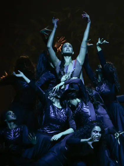 A powerful group formation from the stage production 'Sitayana'. My work often involves choreographing large ensembles, focusing on creating dynamic shapes and synchronized movements that fill the stage.