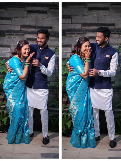 Capturing the playful side of your relationship is just as important as the formal moments. These candid shots show a couple sharing a genuine laugh, creating memories that are full of life.