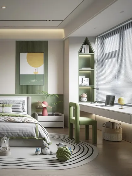 This view showcases the window-side study desk and the house-shaped bookshelf, creating a functional and inspiring area for homework and creativity.