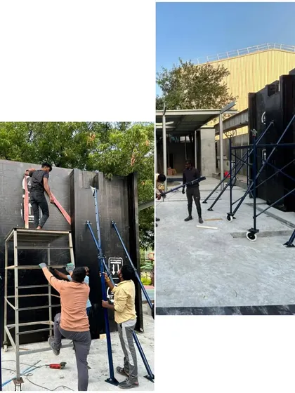Our team on-site, assembling the structure of the Tiruppur Business Hub. Using these bio-based composite panels allows for a cleaner and more efficient construction process compared to traditional methods.