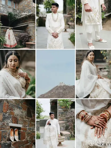 A detailed collage from a heritage wedding, capturing everything from the bride's jewelry and groom's shoes to portraits and scenic shots of the location.