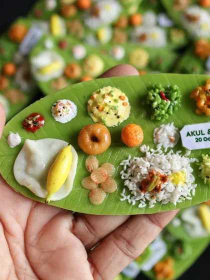 A close-up of a custom South Indian meal magnet, showing the personalized name and date for a wedding gift.