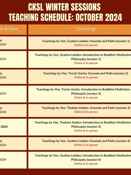 The teaching schedule for our Winter Sessions in October 2024. This calendar clearly lays out the month's courses, teachers, and topics for both our Saturday and Sunday programs.