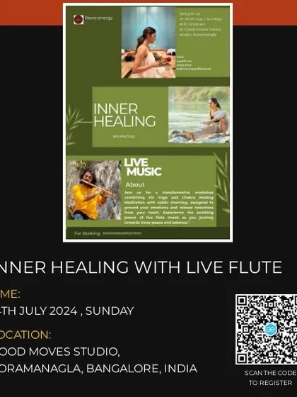 Another flyer for our Inner Healing workshop with a QR code to register. We make it easy for you to join us for these transformative sessions combining yoga, breathwork, and live music.