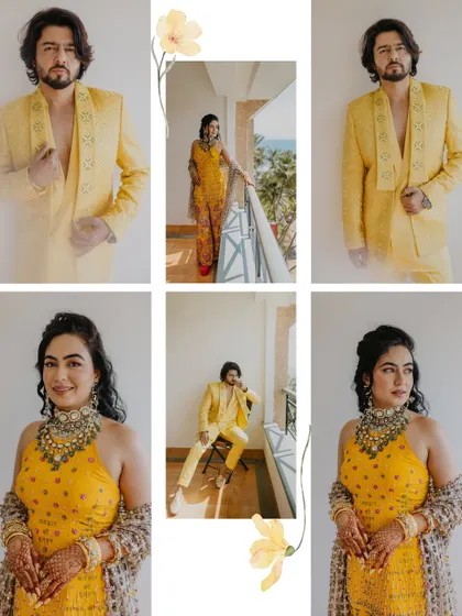 A beautiful collage of the celebrity couple, Alan and Raviraa, during their Goa destination Haldi. It features individual portraits and a lovely shot of them on a balcony overlooking the sea.