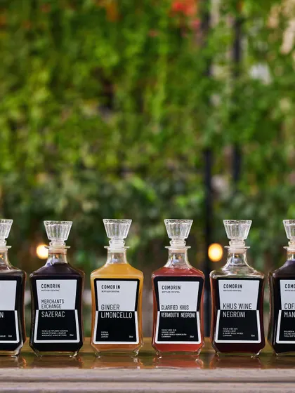 Our lineup of house-made liquors, including Black Russian, Ginger Limoncello, and Khus Wine Negroni. Ask for a tasting pour!