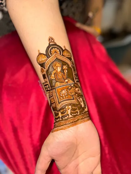 The fully developed dark brown stain of the groom on an elephant design. Patience is key for a beautiful, long lasting henna color.
