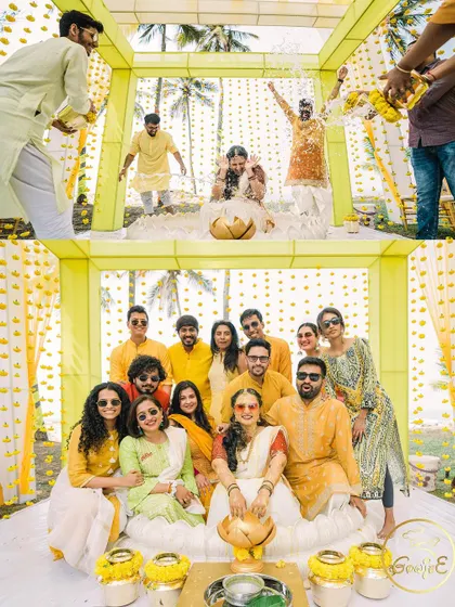 The whole family gets in on the fun. This collage shows the couple and their loved ones enjoying the Haldi rituals together.
