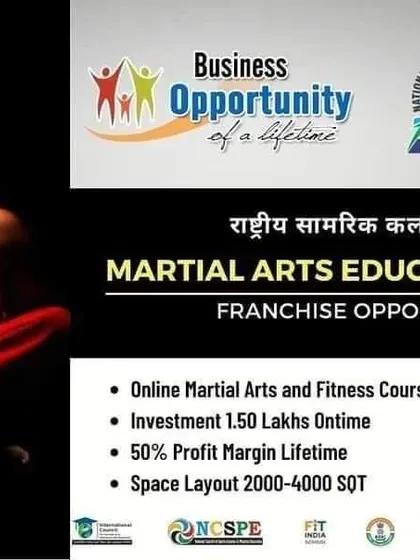 This graphic presents our Martial Arts Education Franchise as a lifetime business opportunity. It details the investment, profit margin, and space requirements, along with the core offering of online martial arts and fitness courses.
