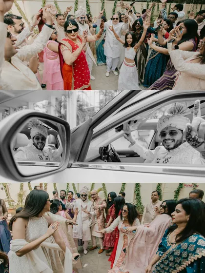 The vibrant energy of the Baraat, captured from multiple angles including a creative reflection in the car's side mirror.
