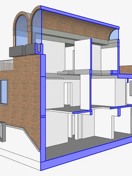A 3D massing study of the Brick Vault House. This digital model helps in studying the building's volumes, the impact of the brick vaults, and the overall form before construction begins.