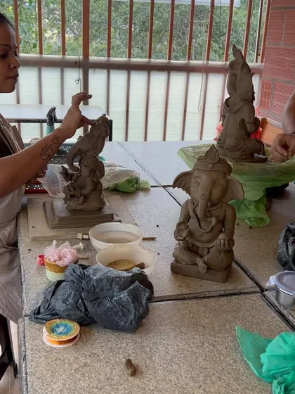 Glimpses from our Ganesha making workshops. You can see participants of all ages learning to sculpt, adding details, and bringing their beautiful idols to life under my guidance.