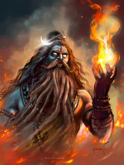An artwork of Rudra, the fierce form of Shiva, holding a ball of fire. The intense colors and his powerful expression capture the untamable energy of the Aghori spirit.