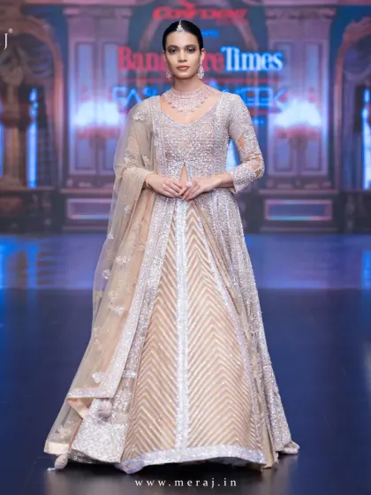 A full view of the peach bridal Indo-Western, unveiled at Times Bangalore Fashion Week.