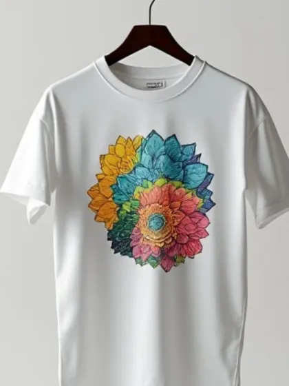 A crisp product shot of a graphic t-shirt on a hanger against a clean white background. This "ghost" style is perfect for brands that want to focus solely on the product's design and details.