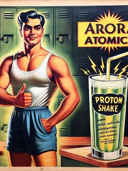 An ad for a 'Proton Shake' from Arora Atomics. This series explores how atomic age branding could be applied to all sorts of consumer products, like health supplements.