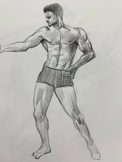 An anatomical study of the male torso, demonstrating muscle structure and shading techniques in pencil.