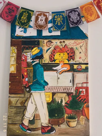 A closer view of the Japanese-style illustrative painting, showing the details of the character, the shop, and the cat.
