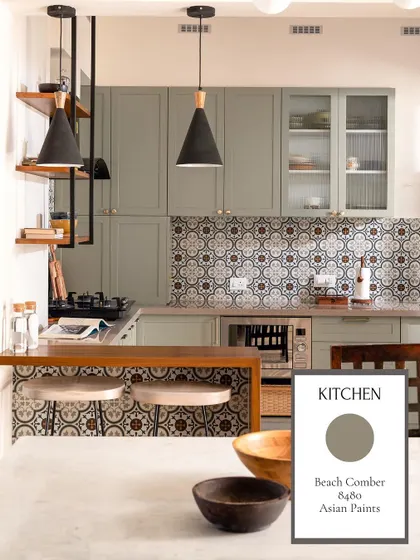 The color story for a kitchen, specifying 'Beach Comber' by Asian Paints for the cabinets, which creates a soft, earthy, and sophisticated look.