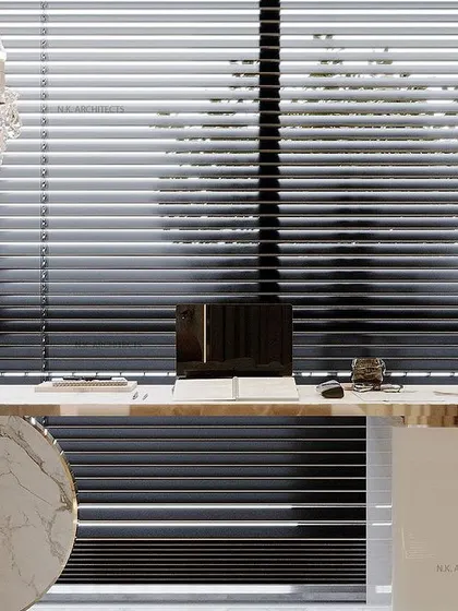 A close-up of the study desk within the grand bedroom, showing how we integrate functional workspaces into luxurious living areas without compromising on style.