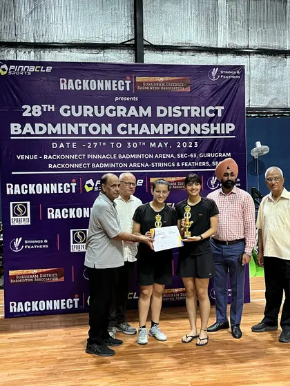 Celebrating the women's doubles winners from my academy at the Gurugram District Championship. Their coordinated play and determination were outstanding throughout the tournament.