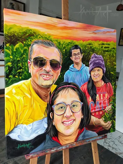 Family selfies make for fantastic paintings. I combined individual expressions into this single, colorful acrylic portrait on a 30x30 inch canvas.