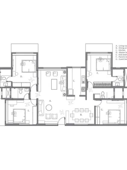 An alternative view of the floor plan, detailing the different zones within the 1675 sq ft apartment.