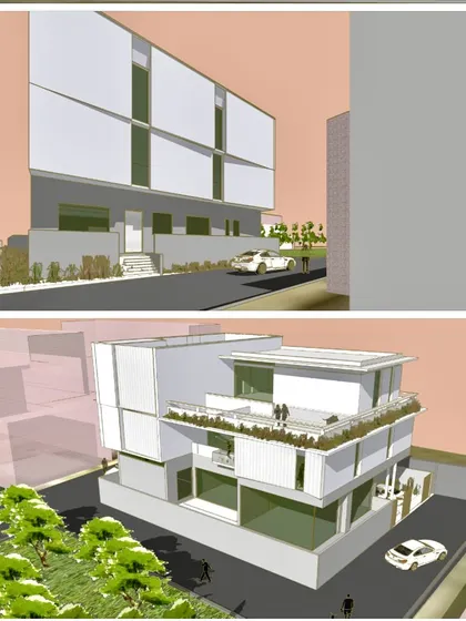 Conceptual renders of the 'CUBE HOUSE'. The design is an exercise in twisting and turning cuboidal forms to create visual interest on a tight site.