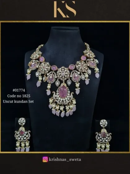 The same exclusive uncut Kundan set, shown here with soft pink stones. This offers a more romantic and modern feel.
