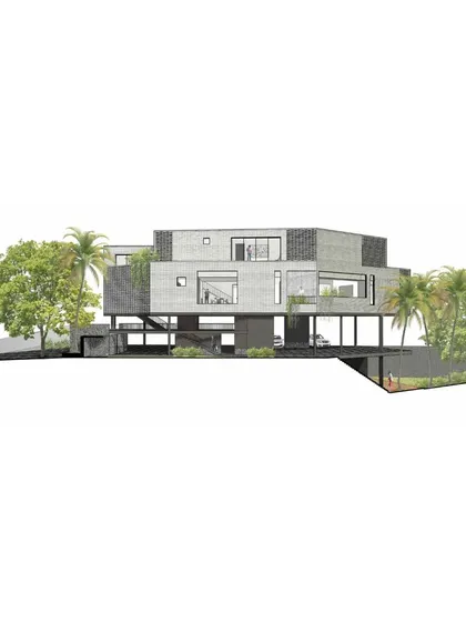 An architectural drawing showing a section of the Office A project. This illustrates how the building is lifted off the ground to create a permeable and shaded lower level.