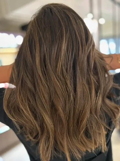 Classic two-tone blended highlights with face-framing layers. This is a timeless look that adds warmth and dimension to the hair.